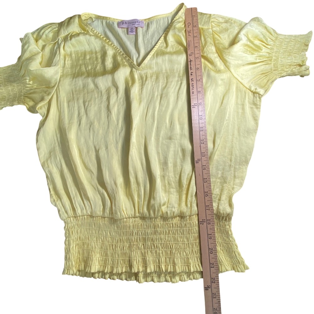 Philosophy Republic Clothing Yellow Smocked Waist V-Neck Puff Sleeve Blouse M